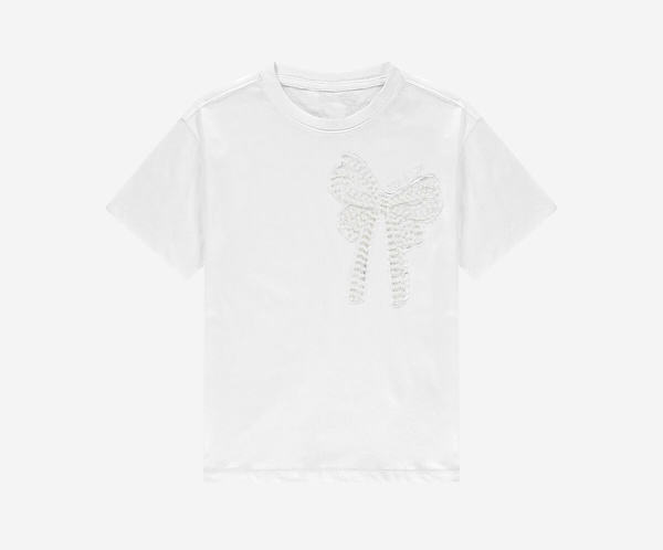 Nik en Nik girls Bow t-shirt met pareltjes in de kleur off white