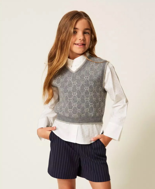 Twinset Milano girls v-hals spencer met all over logo print in de kleur grijs