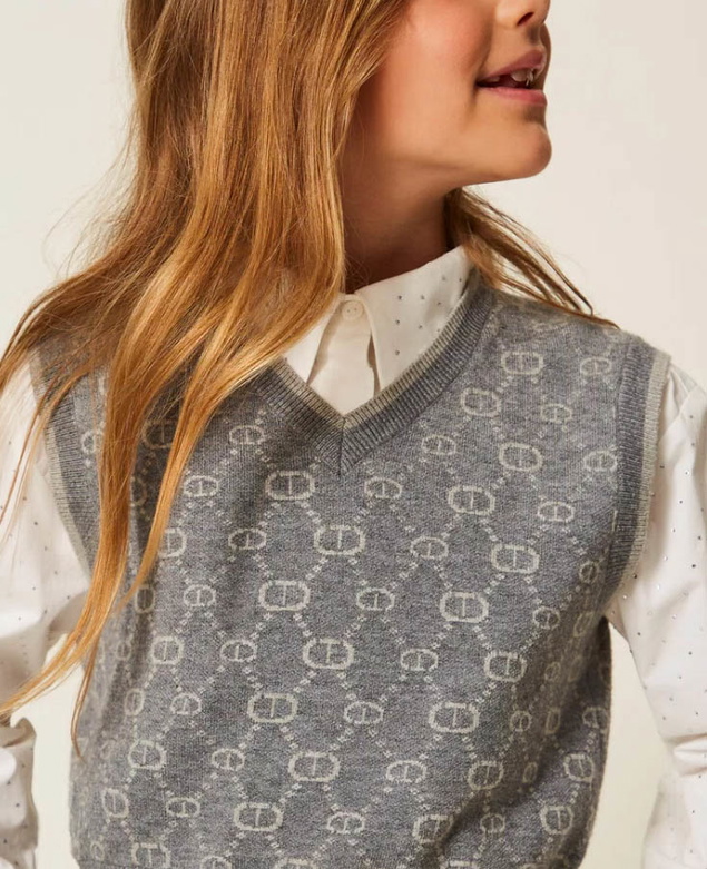 Twinset Milano girls v-hals spencer met all over logo print in de kleur grijs