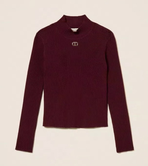 Twinset Milano girls fijngebreid col truitje met goud logo in de kleur burgundy bordeaux rood